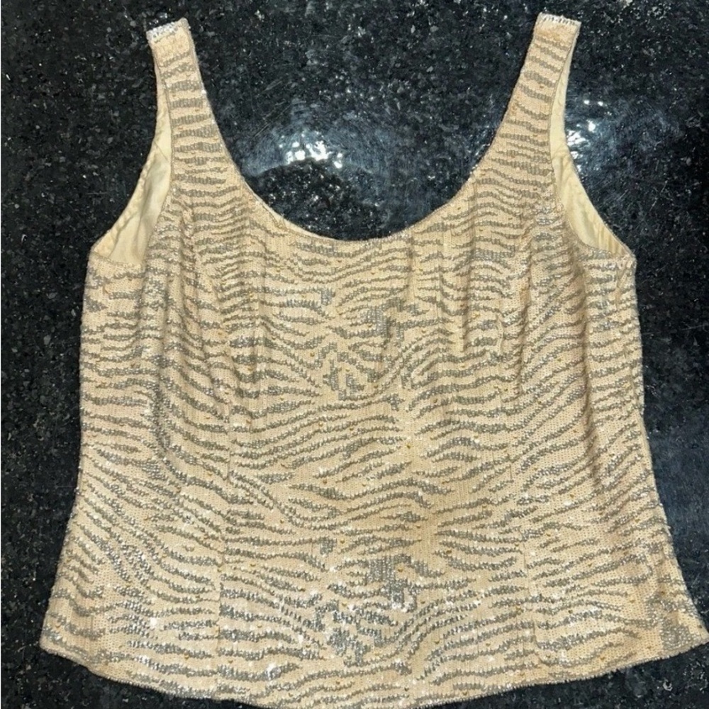 Vintage CACHÉ 90s Beaded 100% Silk Zebra Top Y2K Animal Print Tank Size 44
